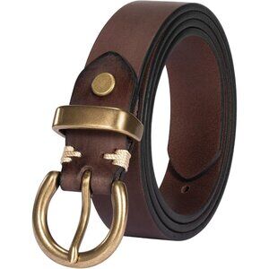 Women's Brown Belt Jeans Genuine Leather Belt Vintage Solid Brass Circle buckle